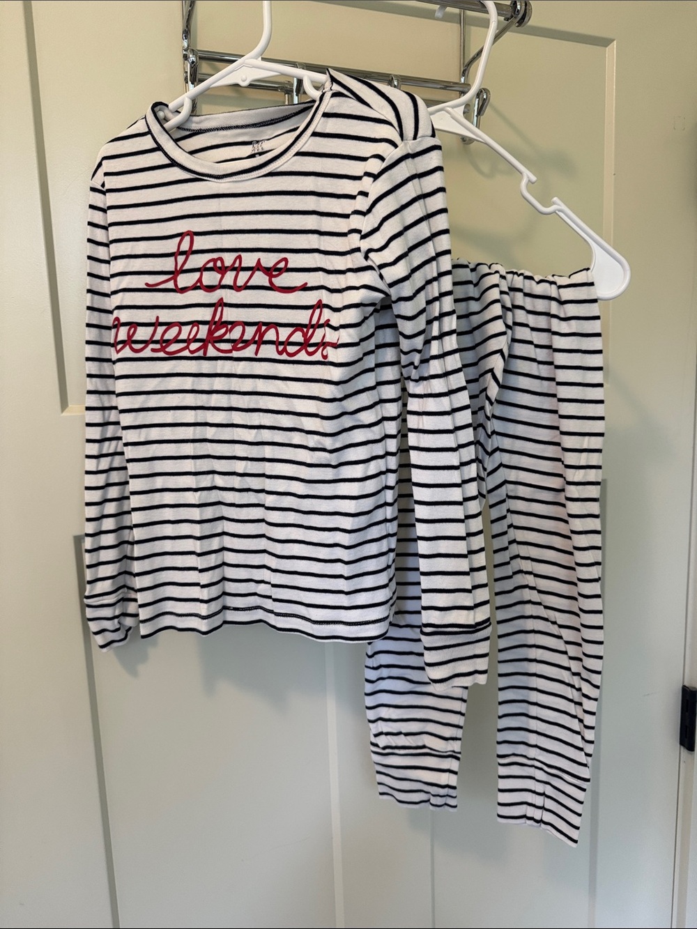 GAP White & Black Striped Kids Pajama Set with Red Script